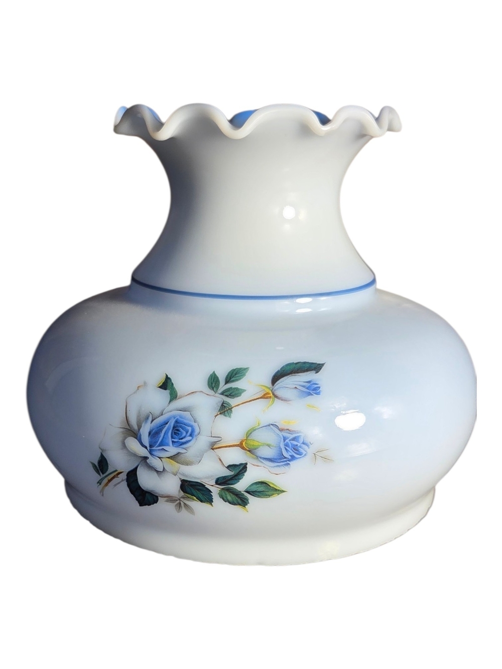 Vintage White Glass Vase with Blue Rose Motif - Vintage